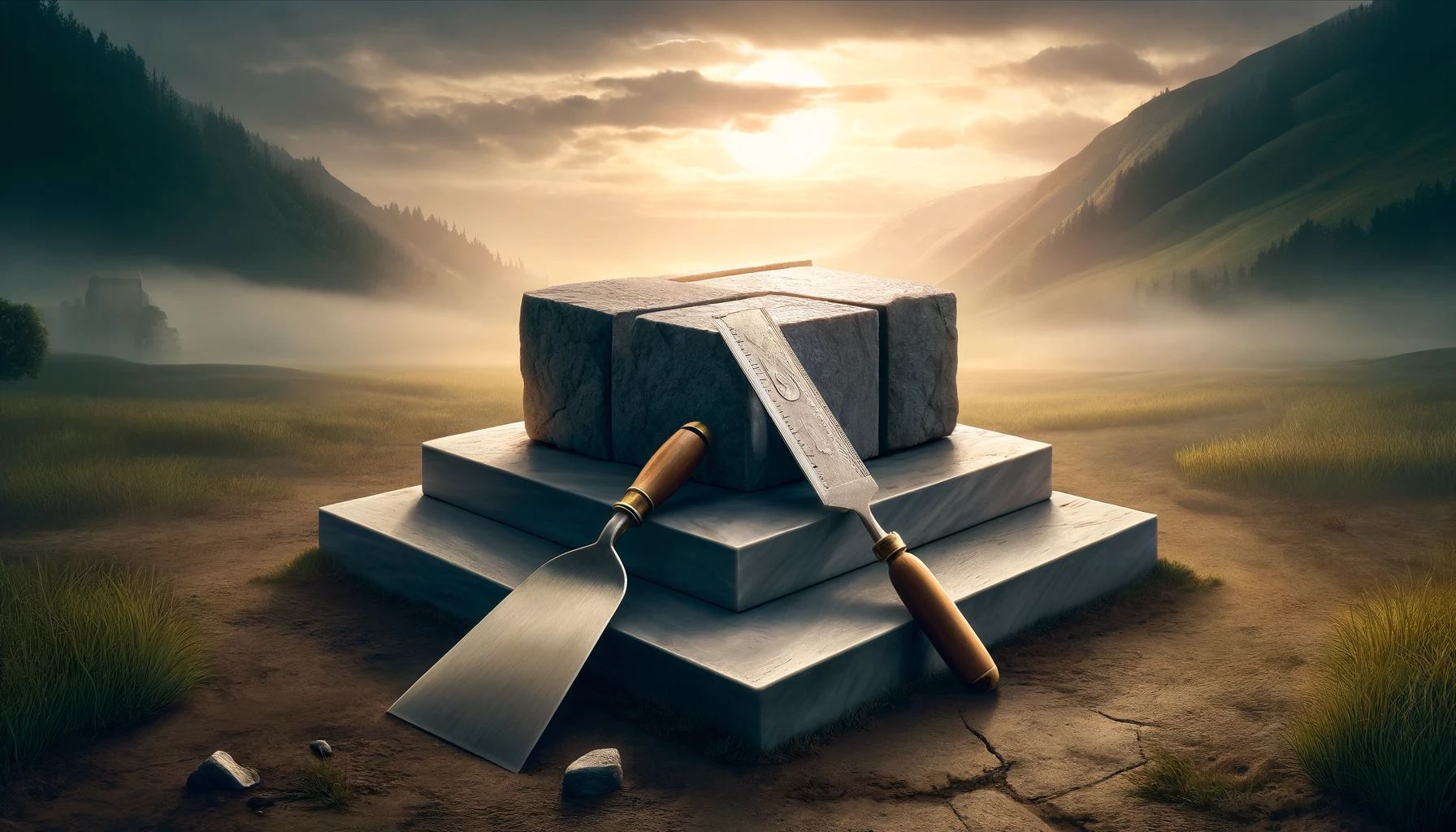 DALL·E 2024-04-09 15.40.41 – Create a landscape-oriented image featuring a perfect cubical stone, representing a perfect ashlar, with a mason’s trowel standing against it in a rea DALL·E 2024-04-09 15.40.41 – Create a landscape-oriented image featuring a perfect cubical stone, representing a perfect ashlar, with a mason’s trowel standing against it in a rea
